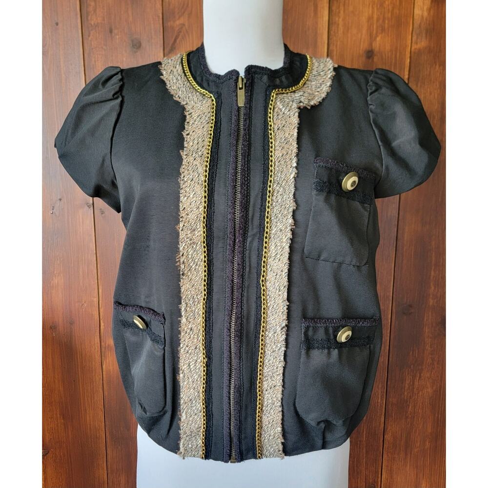 BCBGMaxAzria Black Short-Sleeve Zip Front Jacket with Gold Trim